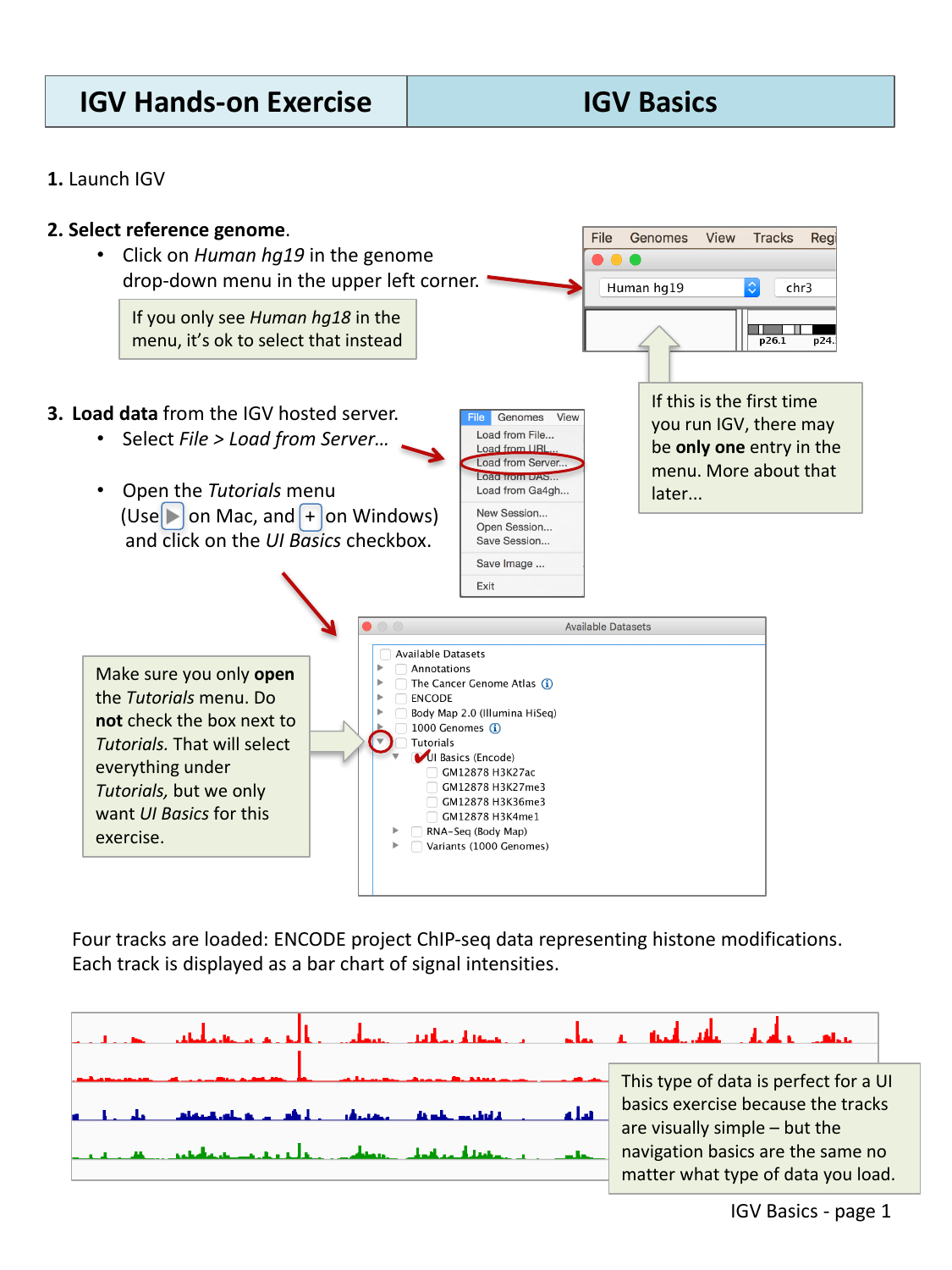 IGV File > Load from Server dialog with UI Basics dataset selected