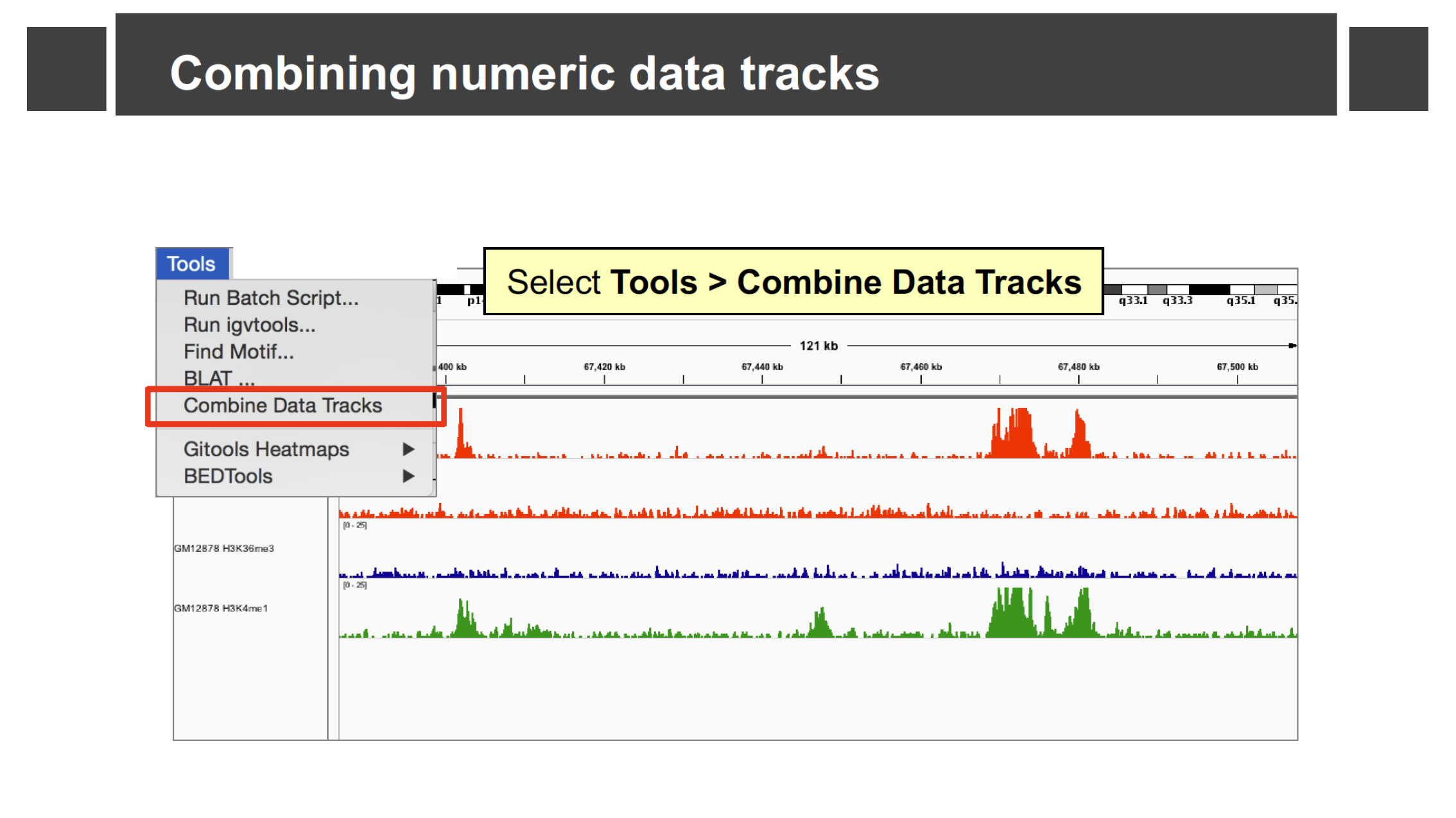 Tools menu with Combine Data Tracks highlighted