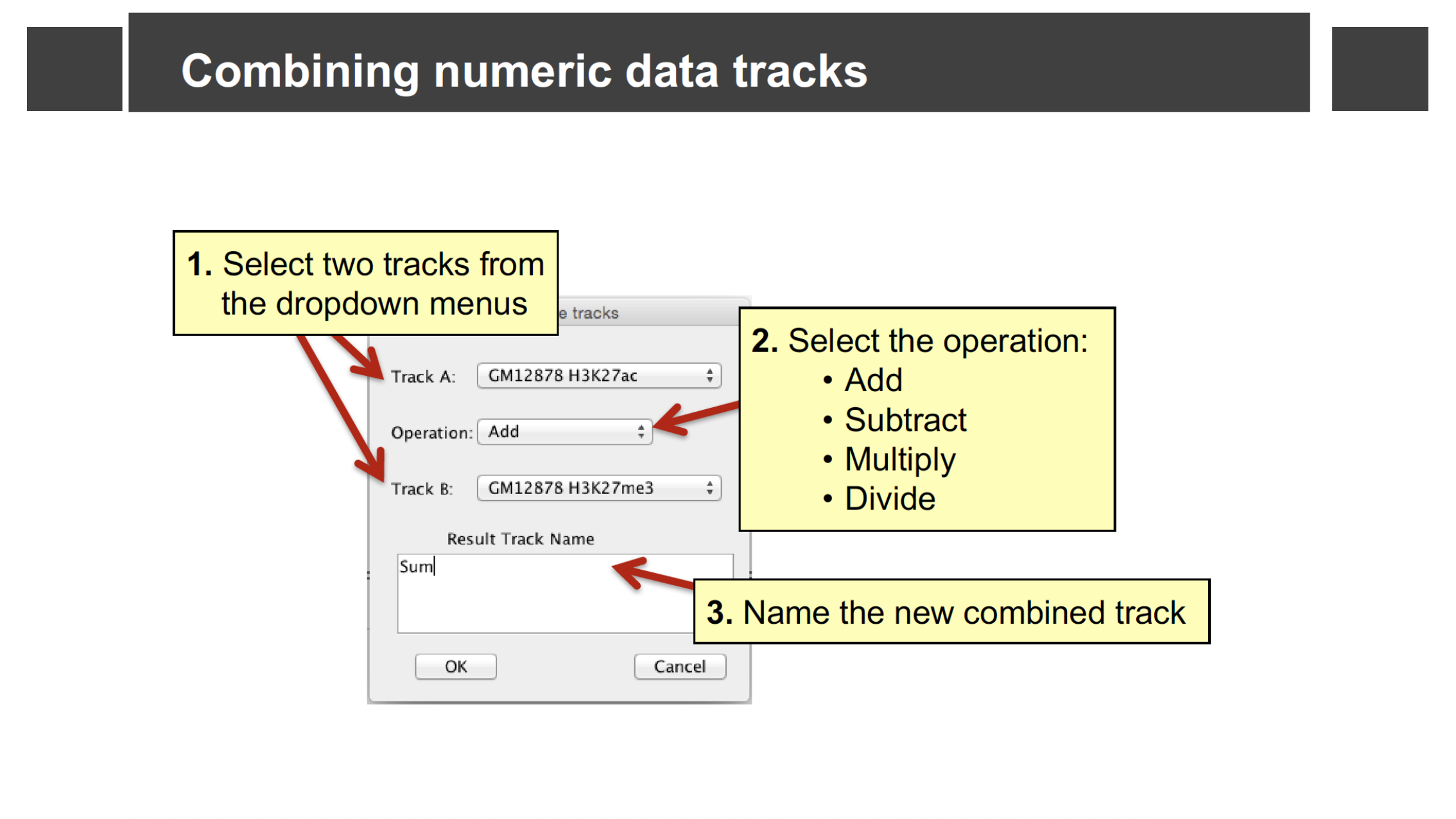 Combine Data Tracks dialog with Track A, Operation, Track B, and Result Track Name fields