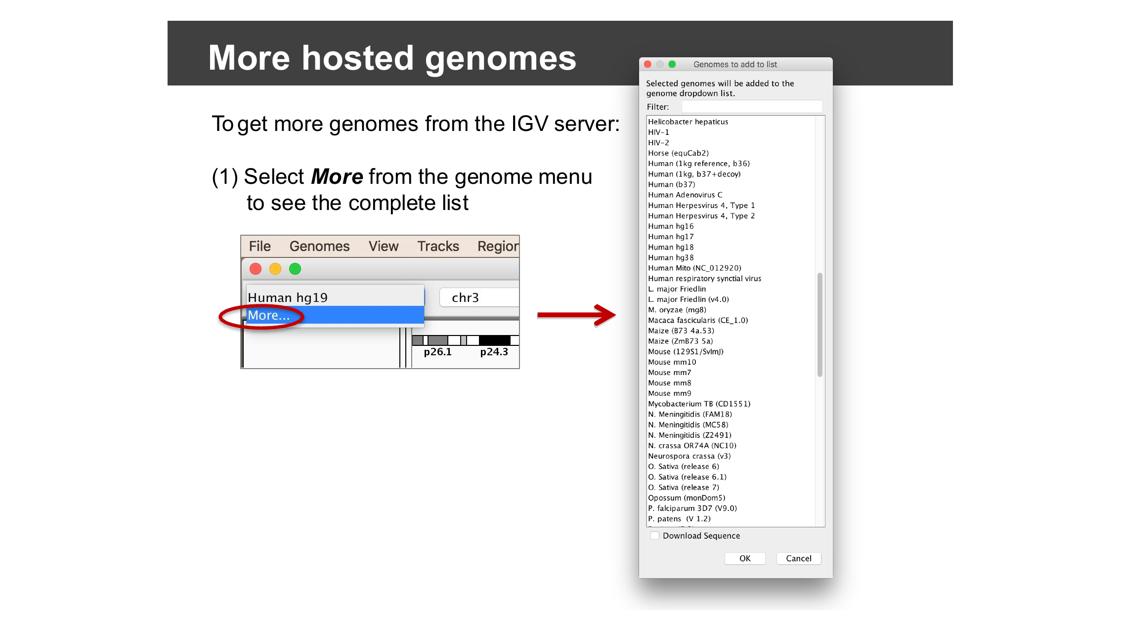 Genomes to add to list dialog with dozens of hosted genomes