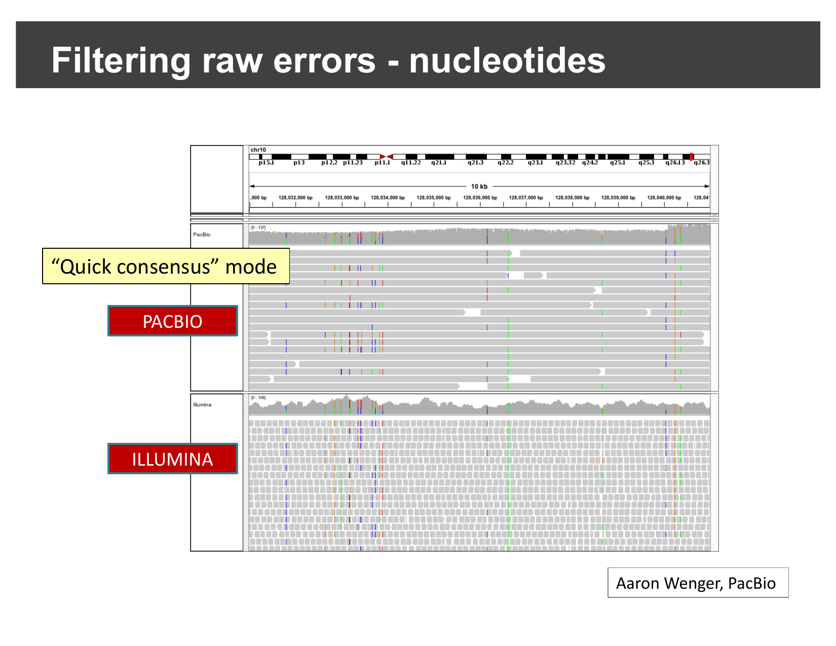 PacBio alignments after enabling quick consensus mode, showing only consistent mismatches