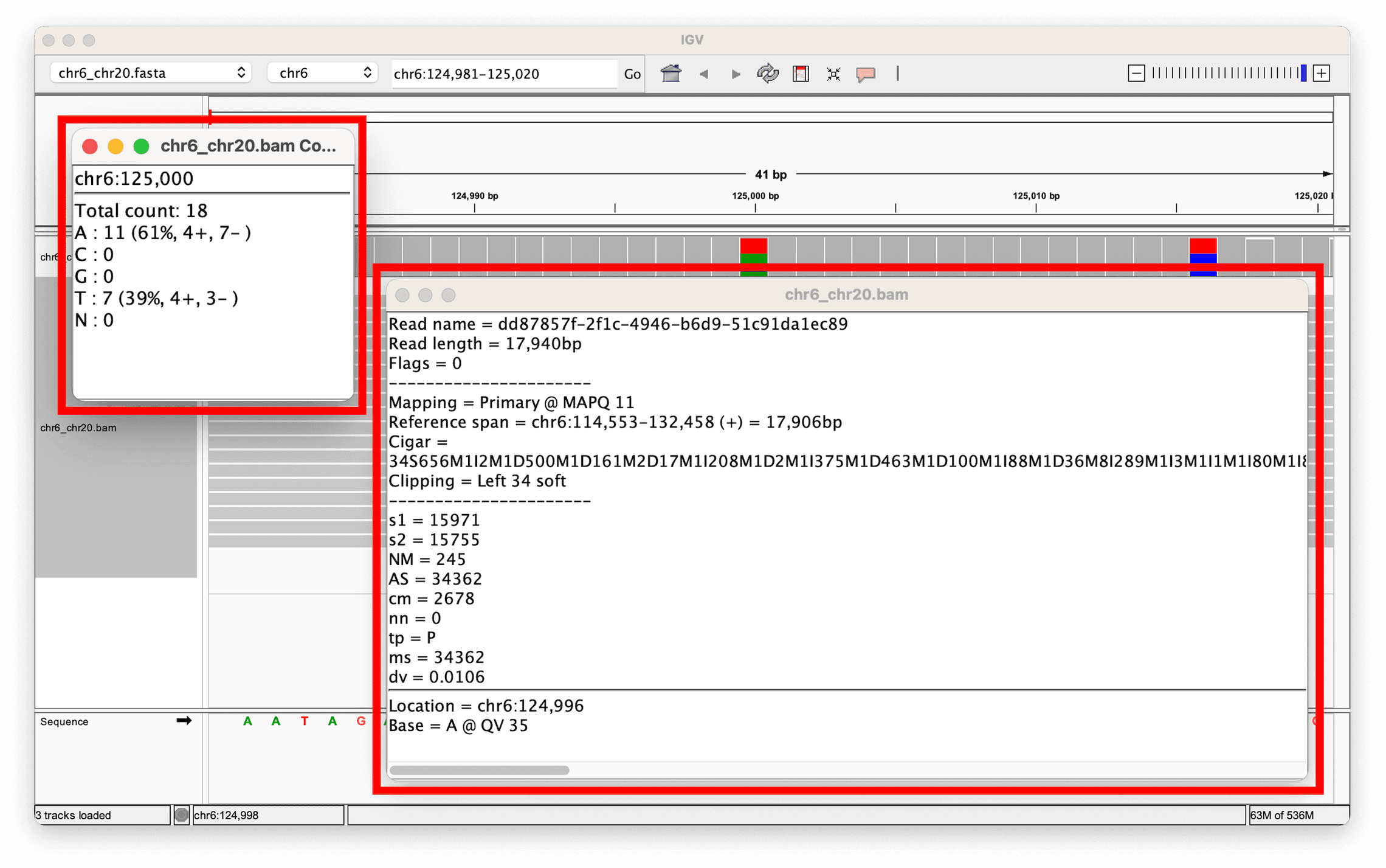 IGV read-details popup showing read length, MAPQ score, and CIGAR string for a nanopore read