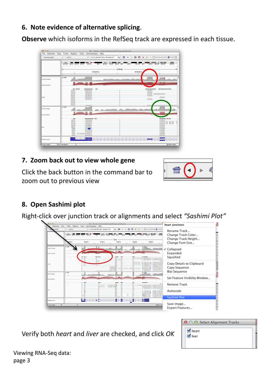 Right-click menu for opening a Sashimi Plot, with a dialog to select the heart and liver alignment tracks