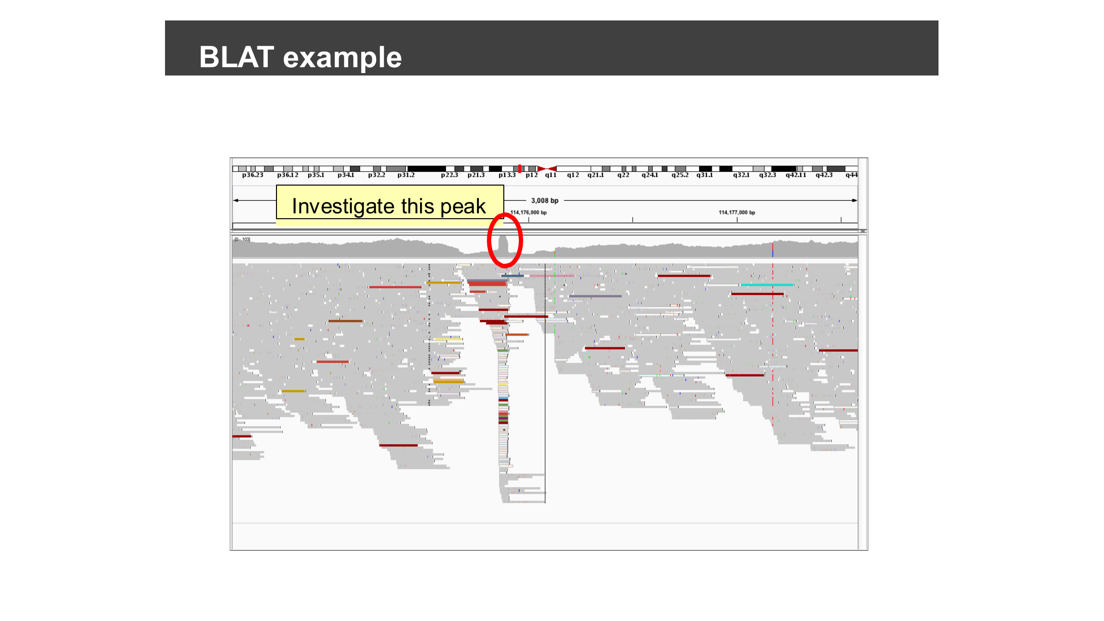 A narrow coverage peak circled for investigation