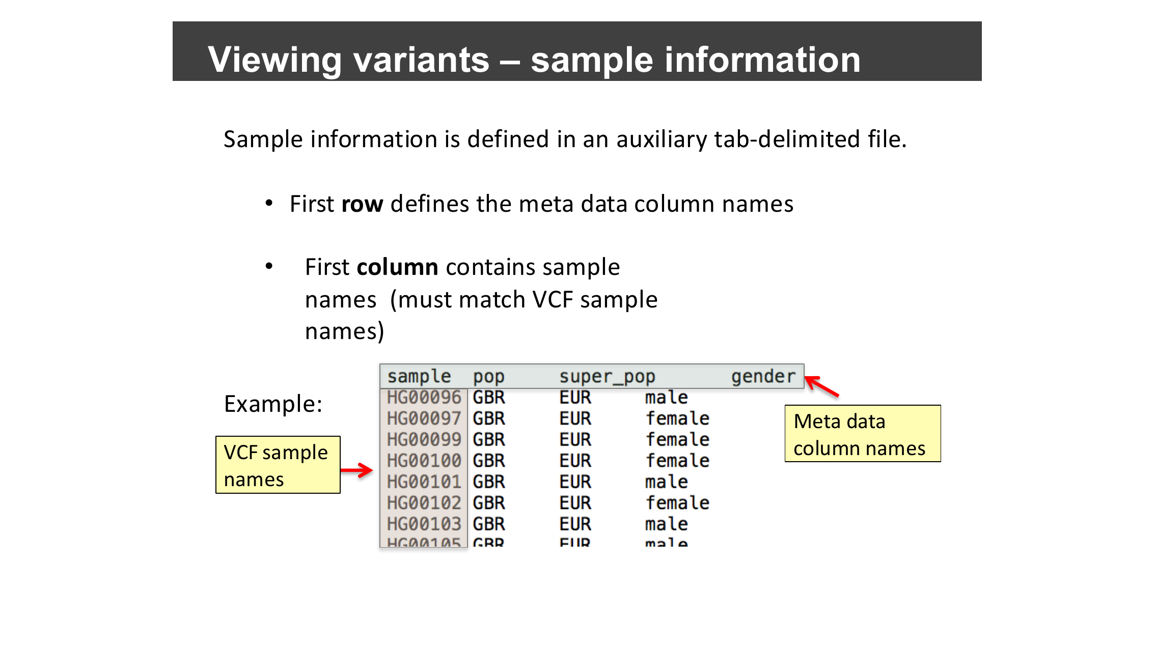 Tab-delimited sample information file with sample, pop, super_pop, and gender columns